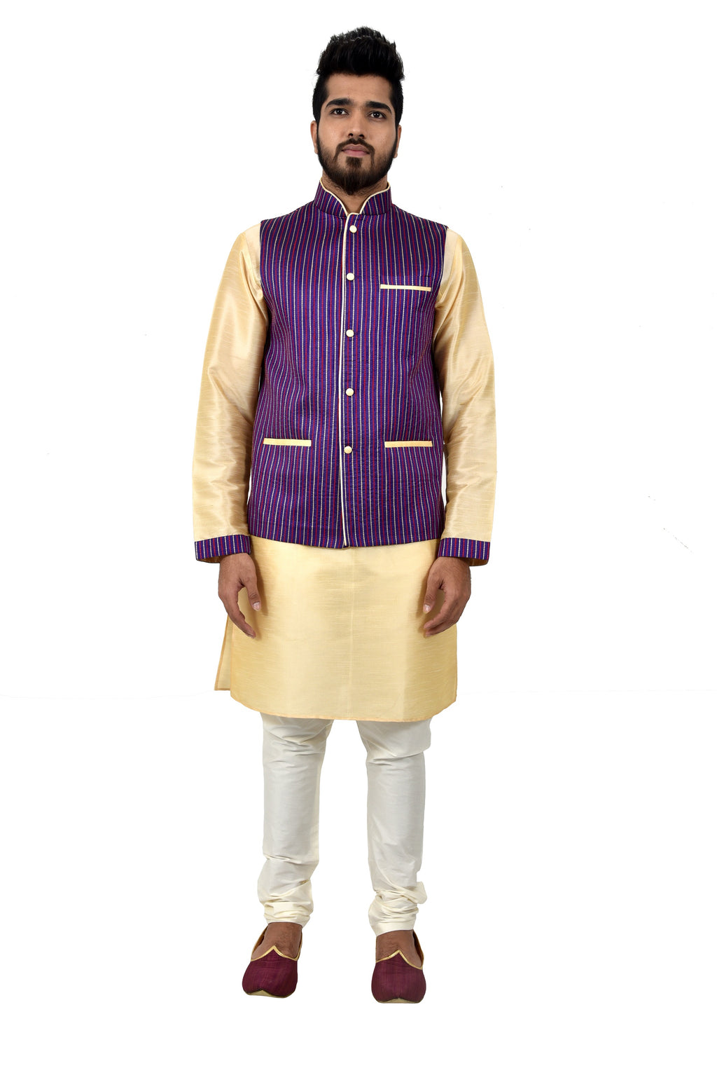 Image Title Indian Traditional Silk Cream Sherwani Kurta Set with Catalina Blue Jacket for Men