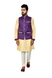 Image Title Indian Traditional Silk Cream Sherwani Kurta Set with Catalina Blue Jacket for Men