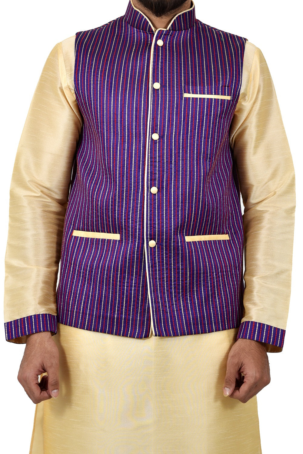 Image Title Indian Traditional Silk Cream Sherwani Kurta Set with Catalina Blue Jacket for Men
