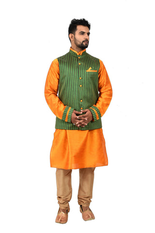 Image Title Indian Traditional Silk Cadminm Orange Sherwani Kurta Set with Green Jacket for Men