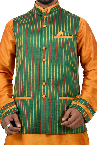Image Title Indian Traditional Silk Cadminm Orange Sherwani Kurta Set with Green Jacket for Men