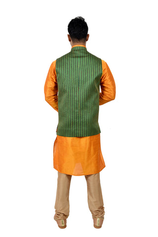 Image Title Indian Traditional Silk Cadminm Orange Sherwani Kurta Set with Green Jacket for Men