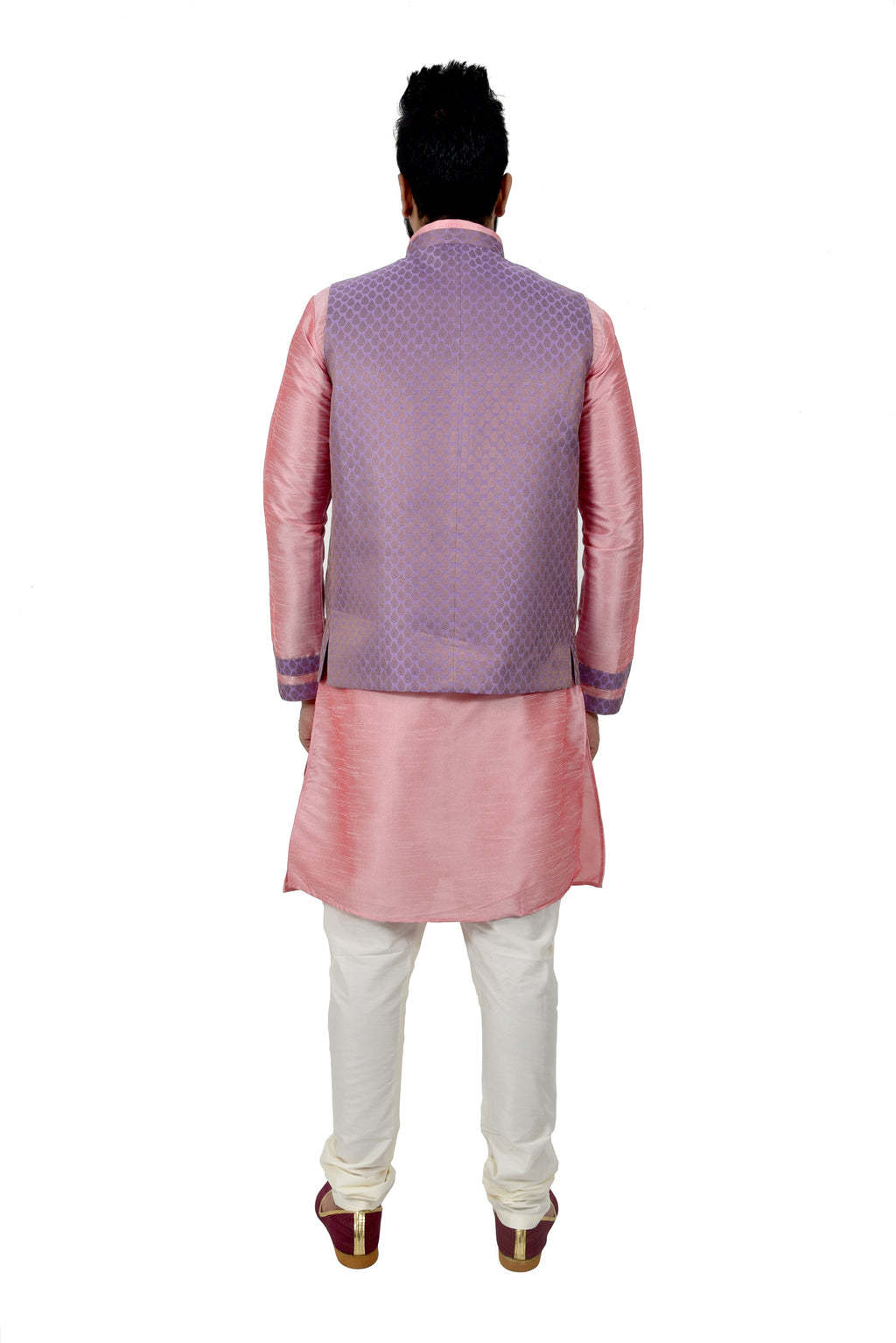 Image Title Indian Traditional Silk Cameo Pink Sherwani Kurta Set with Light Pastel Purple Jacket for Men