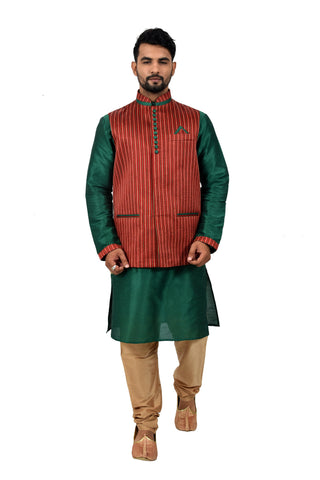 Image Title Indian Traditional Silk Green Sherwani Kurta Set with Maroon Jacket for Men