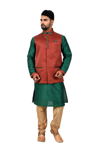 Image Title Indian Traditional Silk Green Sherwani Kurta Set with Maroon Jacket for Men