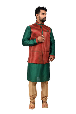 Image Title Indian Traditional Silk Green Sherwani Kurta Set with Maroon Jacket for Men