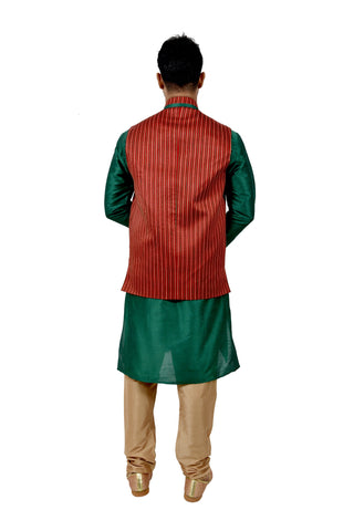 Image Title Indian Traditional Silk Green Sherwani Kurta Set with Maroon Jacket for Men