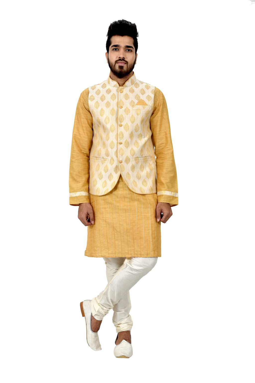 Image Title Indian Traditional Cotton Silk Golden Yellow Sherwani Kurta Set with Ivory Jacket for Men