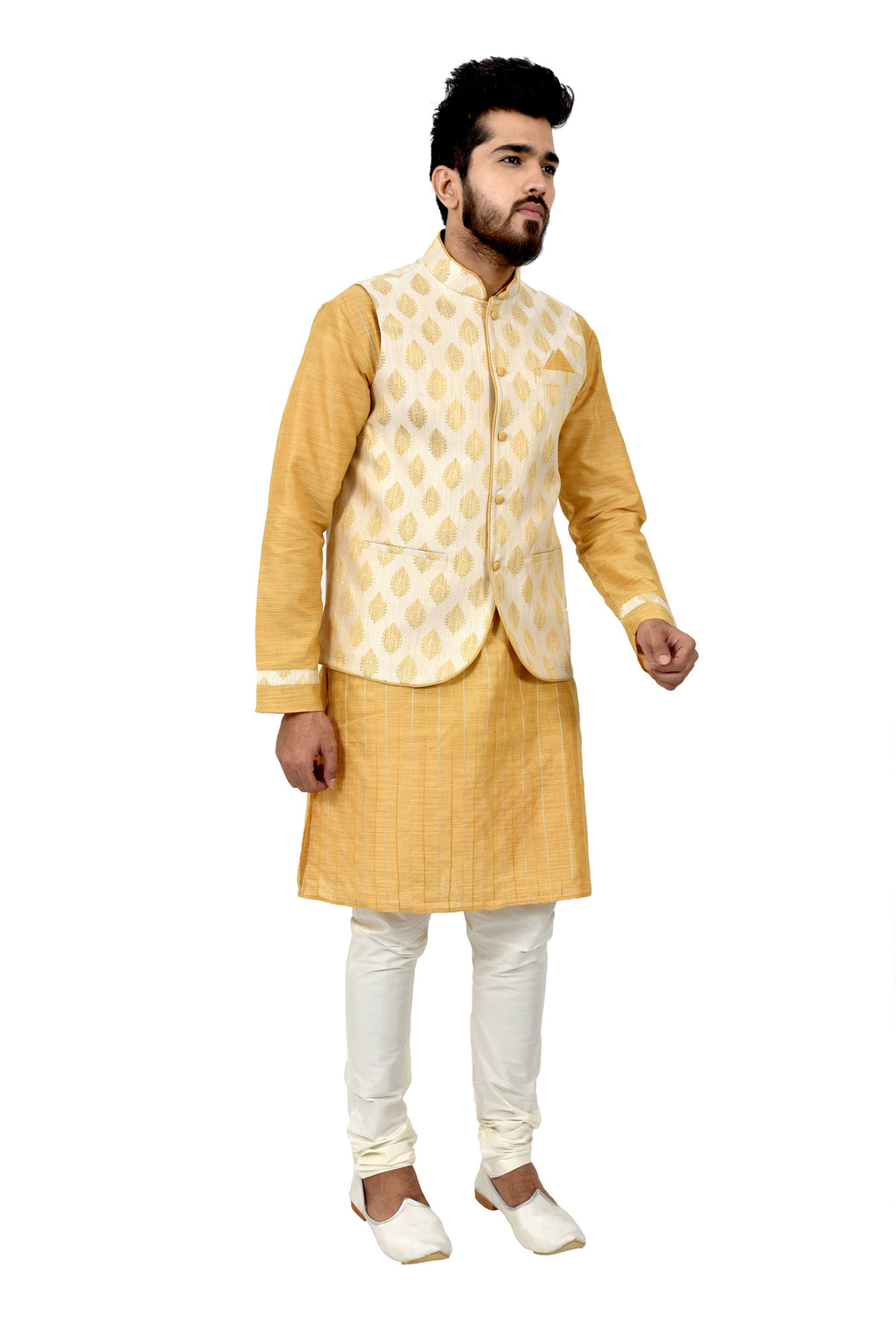 Image Title Indian Traditional Cotton Silk Golden Yellow Sherwani Kurta Set with Ivory Jacket for Men