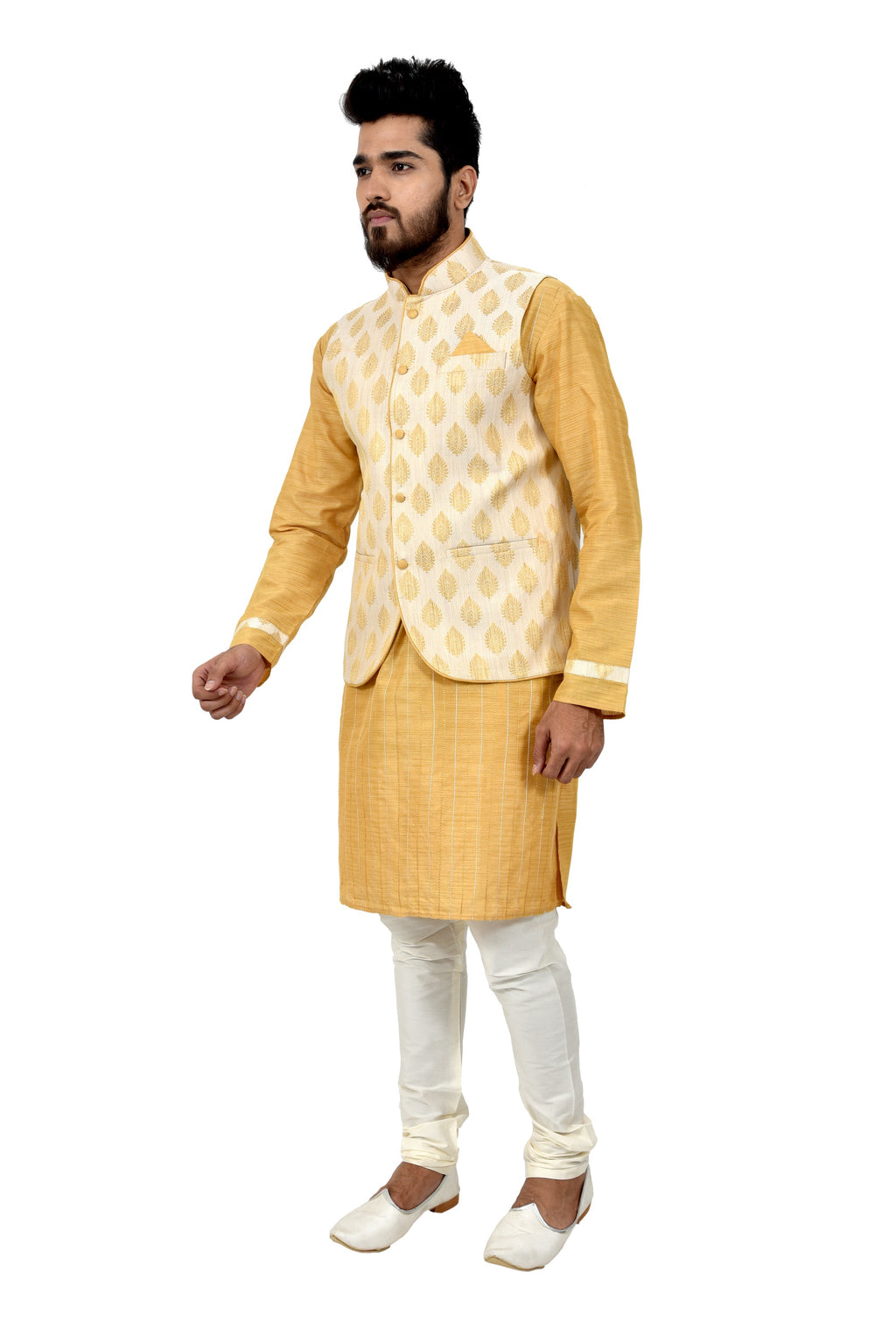 Image Title Indian Traditional Cotton Silk Golden Yellow Sherwani Kurta Set with Ivory Jacket for Men