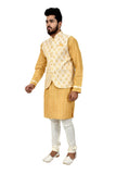 Image Title Indian Traditional Cotton Silk Golden Yellow Sherwani Kurta Set with Ivory Jacket for Men