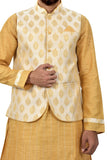 Image Title Indian Traditional Cotton Silk Golden Yellow Sherwani Kurta Set with Ivory Jacket for Men
