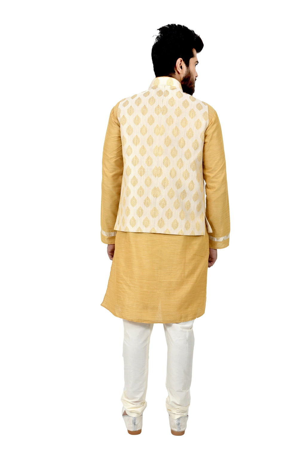 Image Title Indian Traditional Cotton Silk Golden Yellow Sherwani Kurta Set with Ivory Jacket for Men