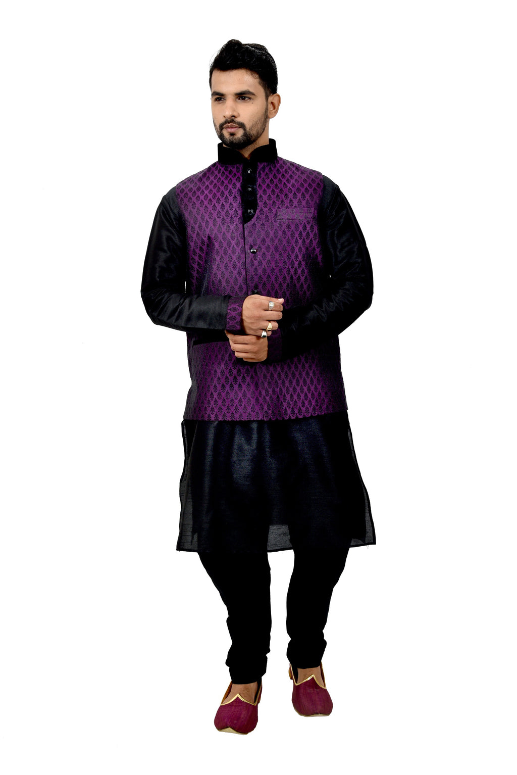 Image Title Indian Traditional Silk Black Sherwani Kurta Set with Plum Jacket for Men
