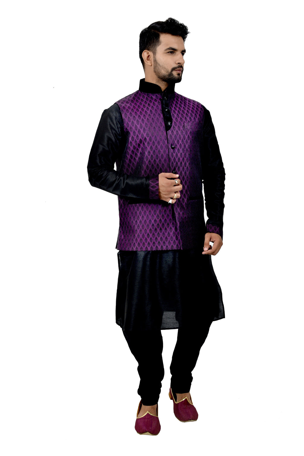 Image Title Indian Traditional Silk Black Sherwani Kurta Set with Plum Jacket for Men