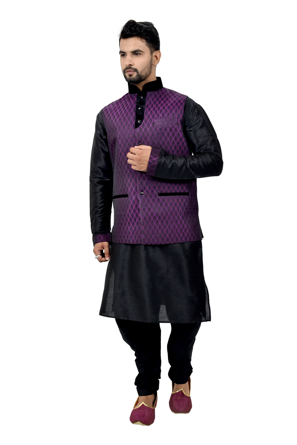 Image Title Indian Traditional Silk Black Sherwani Kurta Set with Plum Jacket for Men