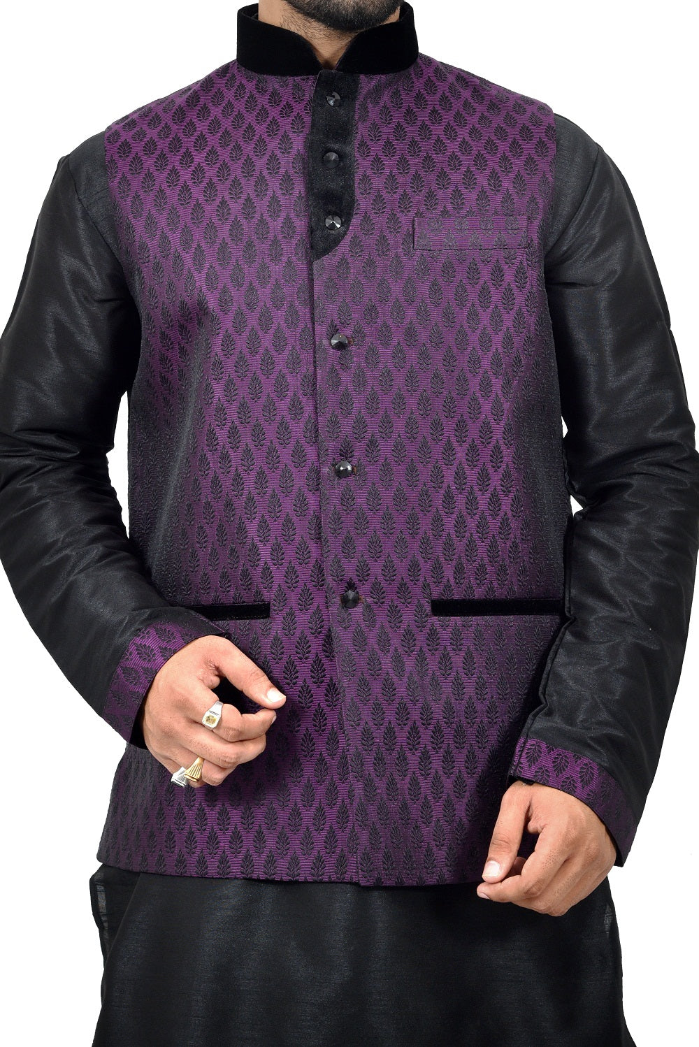 Image Title Indian Traditional Silk Black Sherwani Kurta Set with Plum Jacket for Men