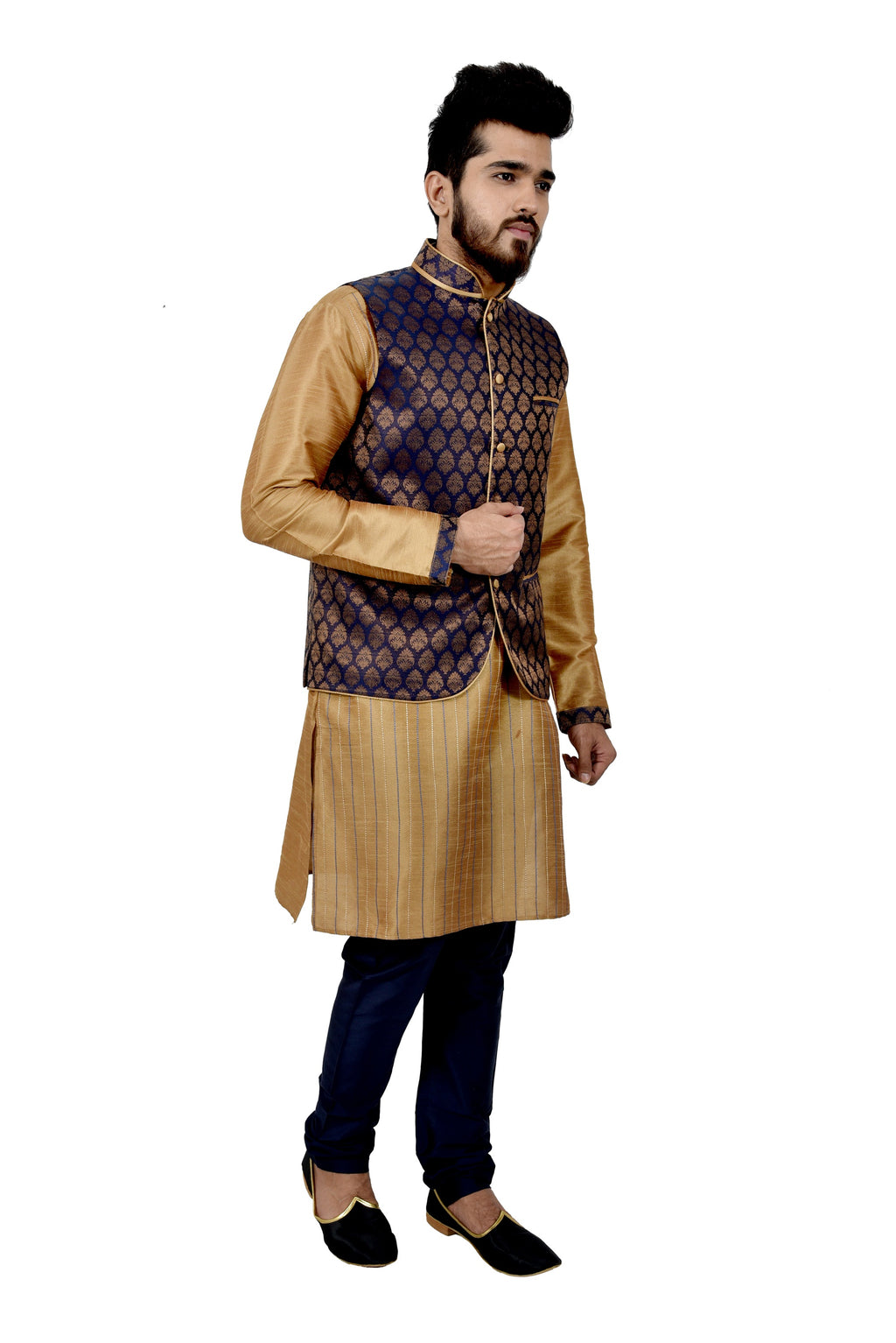 Image Title Indian Traditional Silk Golden Sherwani Kurta Set with Navy Blue Jacket for Men