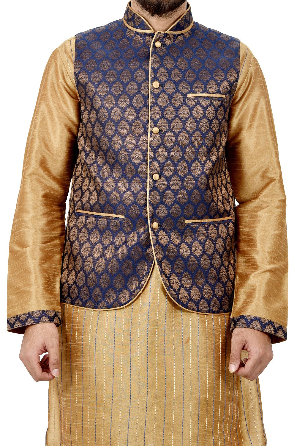 Image Title Indian Traditional Silk Golden Sherwani Kurta Set with Navy Blue Jacket for Men