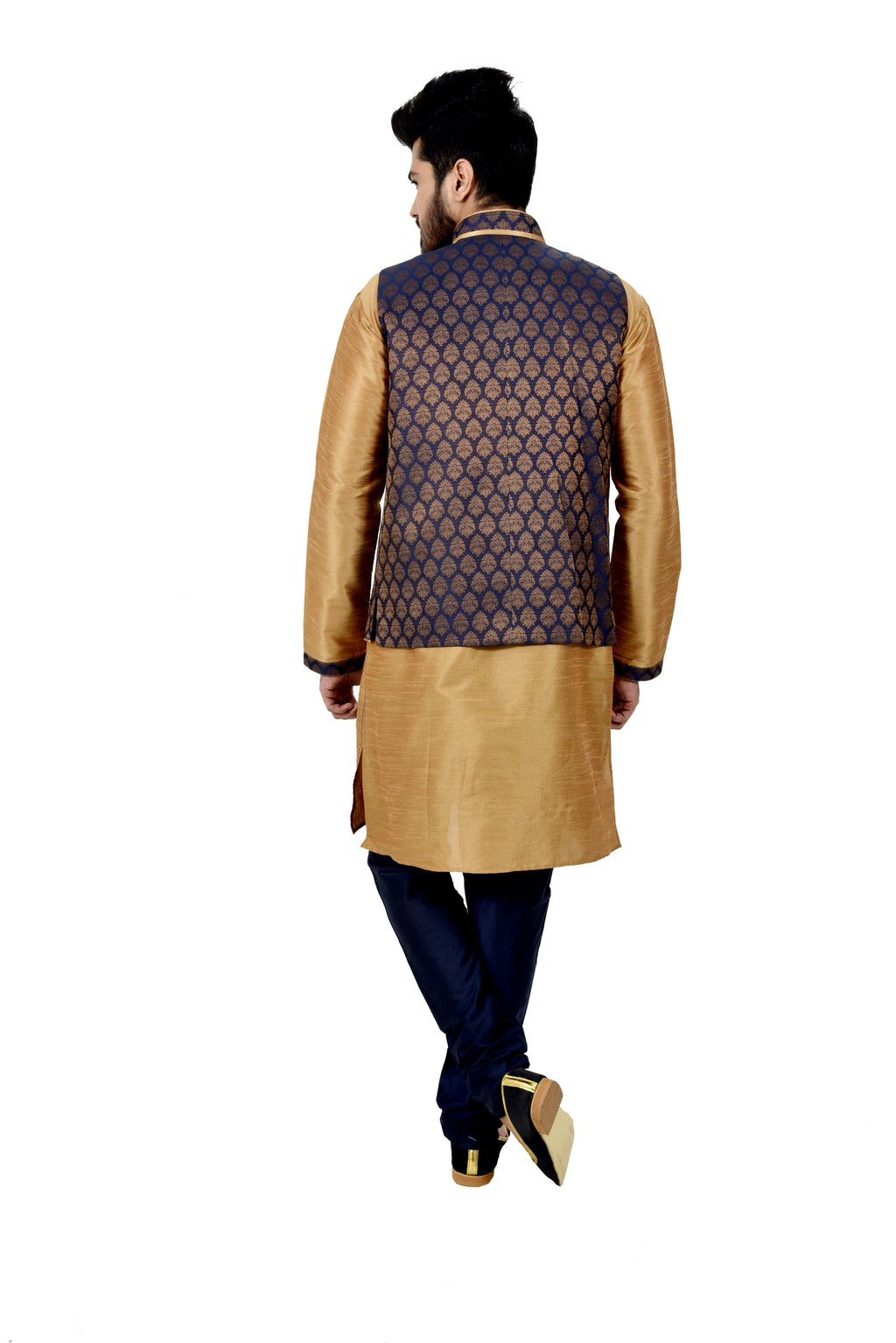 Image Title Indian Traditional Silk Golden Sherwani Kurta Set with Navy Blue Jacket for Men