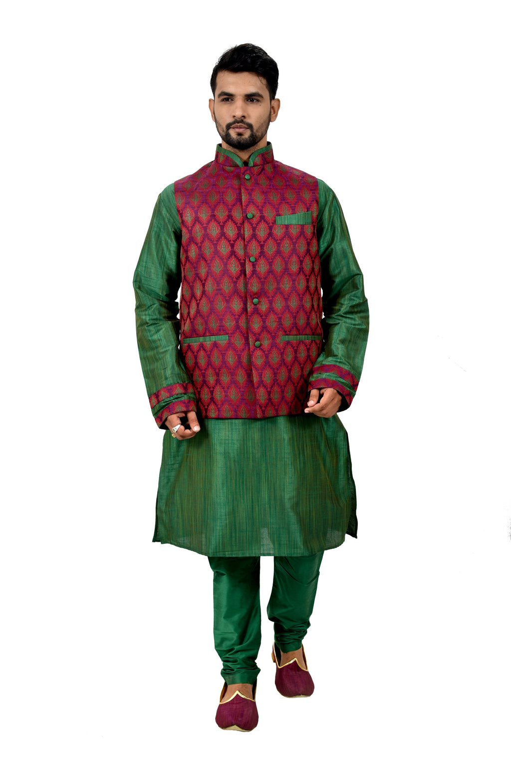 Image Title Indian Traditional Ghiccha Silk Green Sherwani Kurta Set with Multicolour Jacket for Men