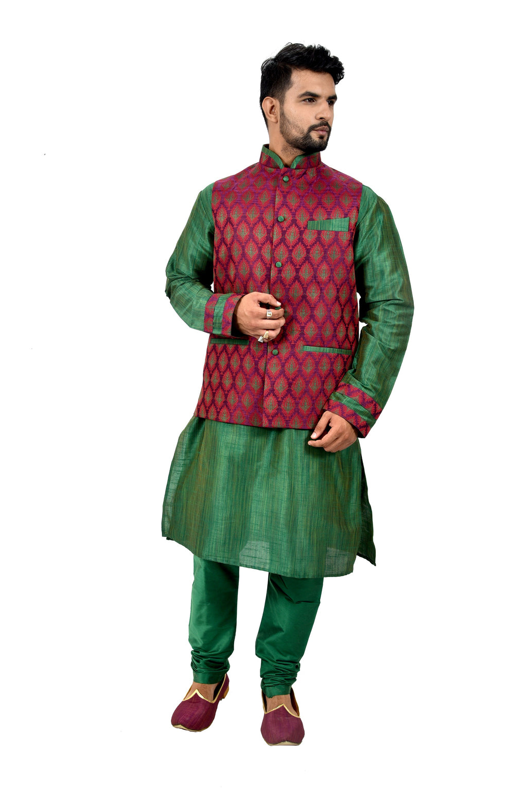 Image Title Indian Traditional Ghiccha Silk Green Sherwani Kurta Set with Multicolour Jacket for Men