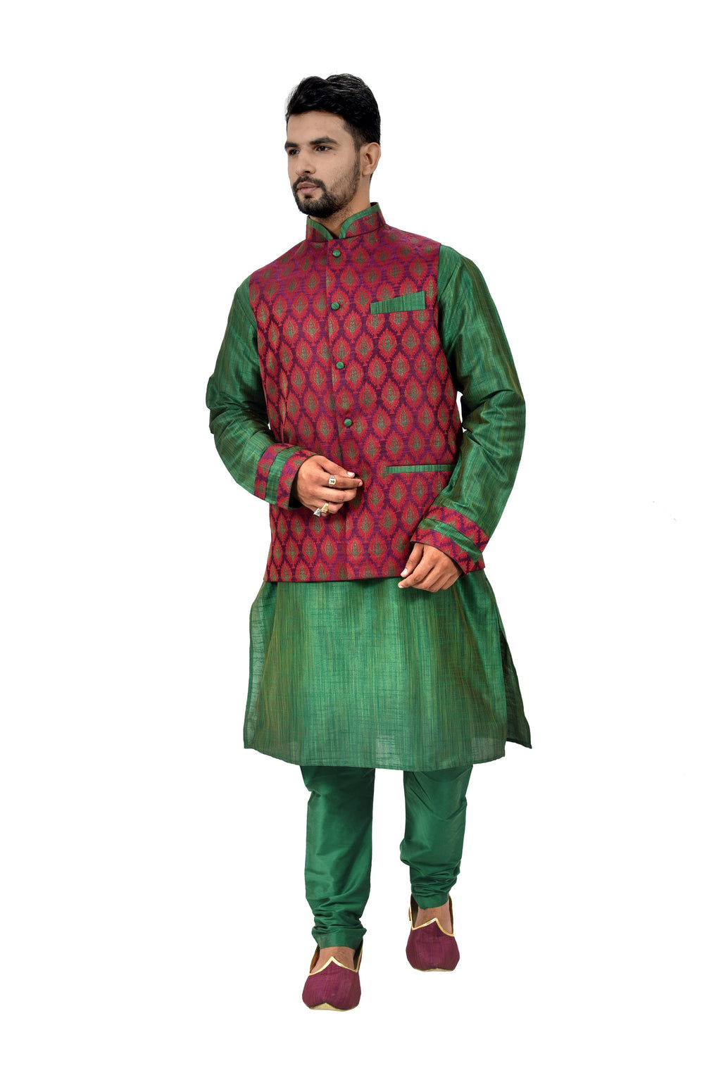 Image Title Indian Traditional Ghiccha Silk Green Sherwani Kurta Set with Multicolour Jacket for Men