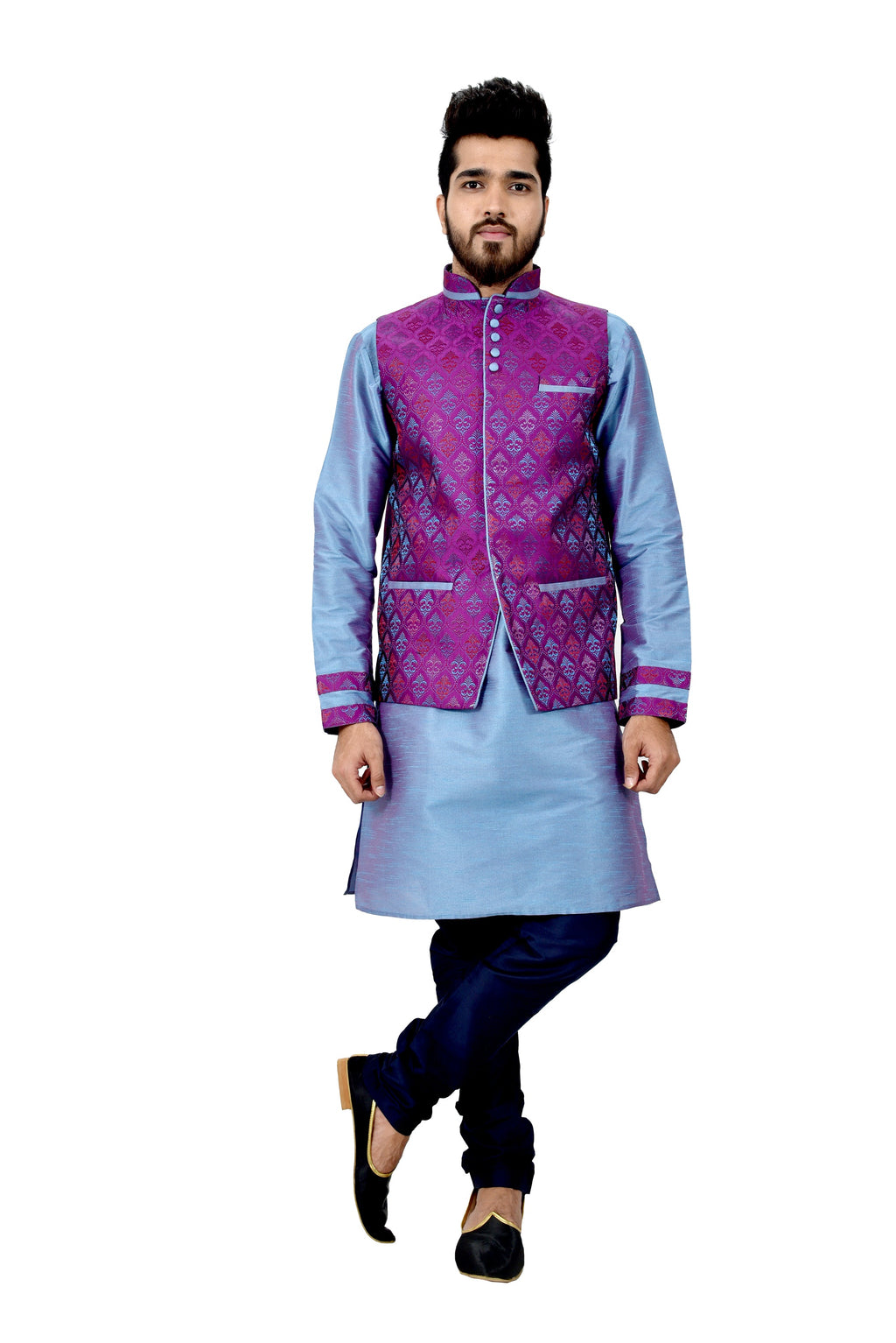 Image Title Indian Traditional Silk Rich Blue Sherwani Kurta Set with Neon Purple Jacket for Men