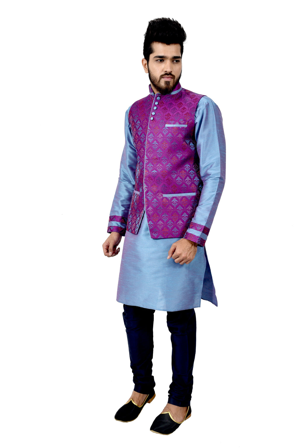 Image Title Indian Traditional Silk Rich Blue Sherwani Kurta Set with Neon Purple Jacket for Men