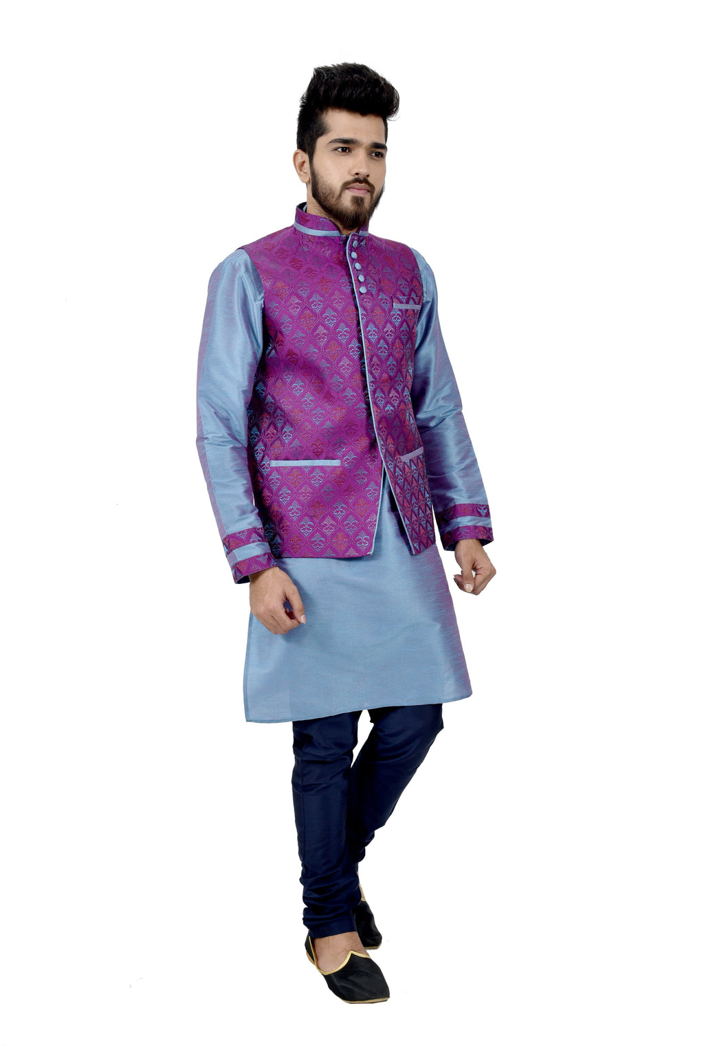 Image Title Indian Traditional Silk Rich Blue Sherwani Kurta Set with Neon Purple Jacket for Men