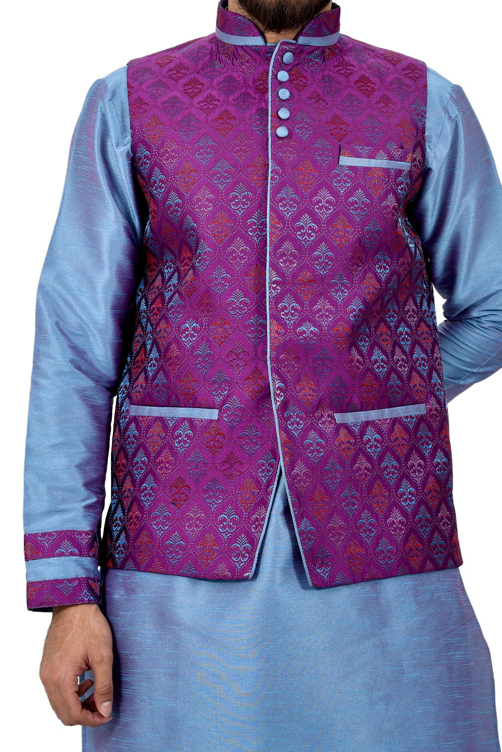 Image Title Indian Traditional Silk Rich Blue Sherwani Kurta Set with Neon Purple Jacket for Men