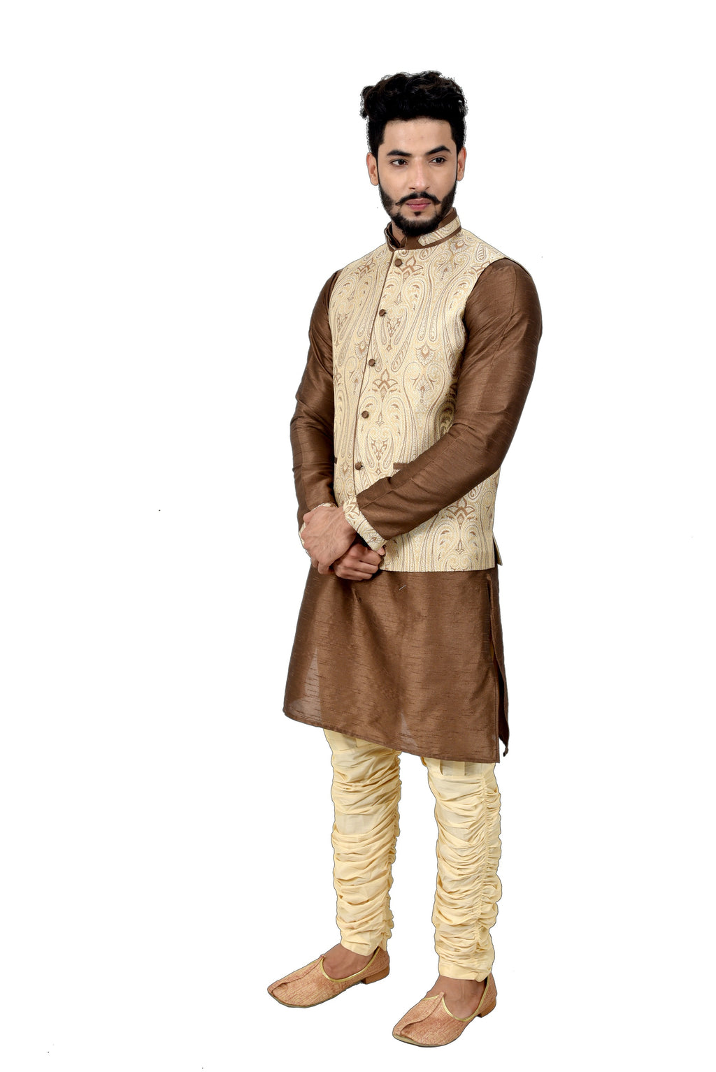 Image Title Indian Traditional Silk Otter Brown Sherwani Kurta Set with Cream Jacket for Men