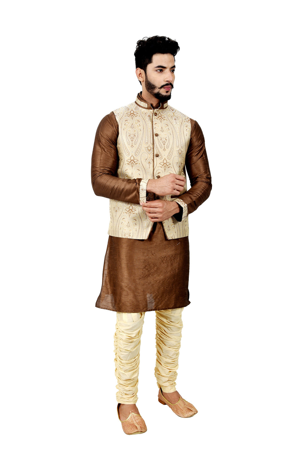 Image Title Indian Traditional Silk Otter Brown Sherwani Kurta Set with Cream Jacket for Men