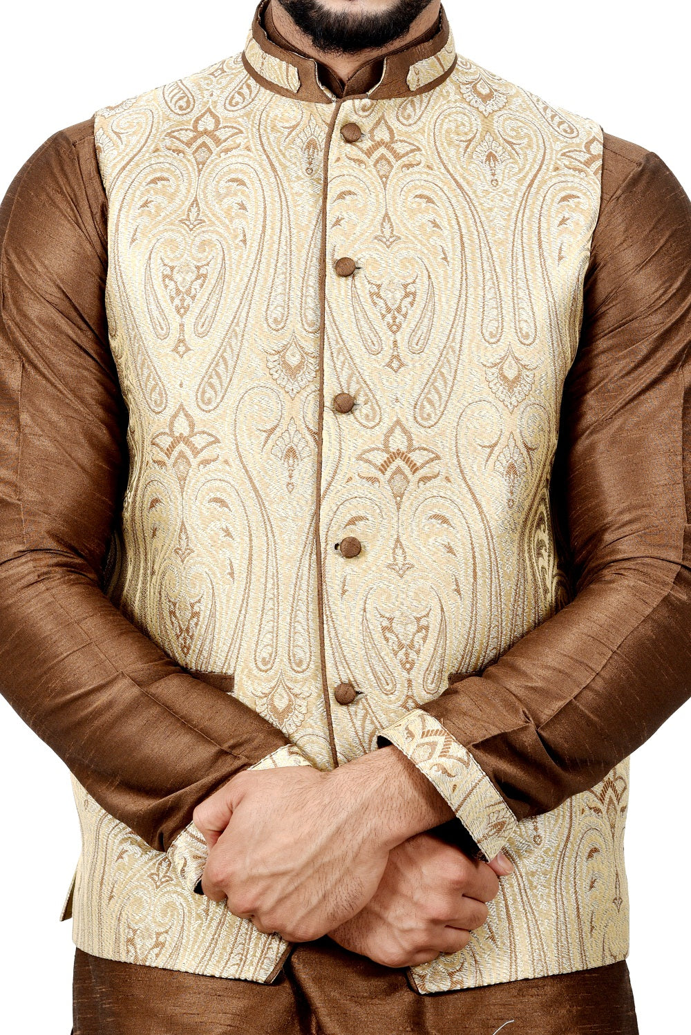 Image Title Indian Traditional Silk Otter Brown Sherwani Kurta Set with Cream Jacket for Men
