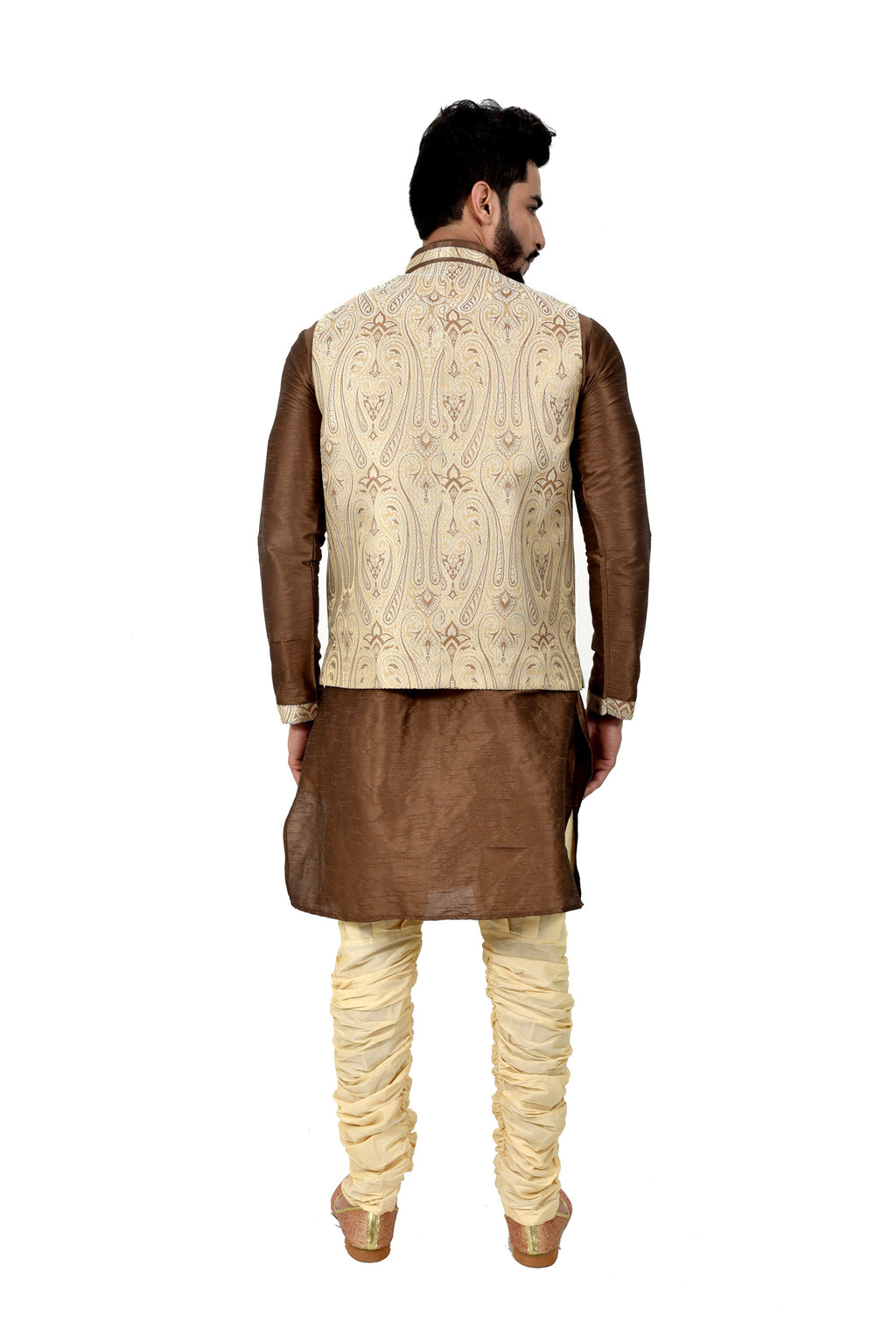 Image Title Indian Traditional Silk Otter Brown Sherwani Kurta Set with Cream Jacket for Men