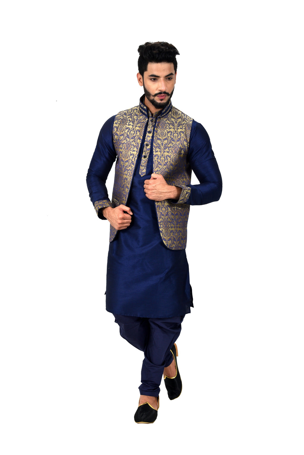 Image Title Indian Traditional Silk Navy Blue Sherwani Kurta Set with Jacket for Men