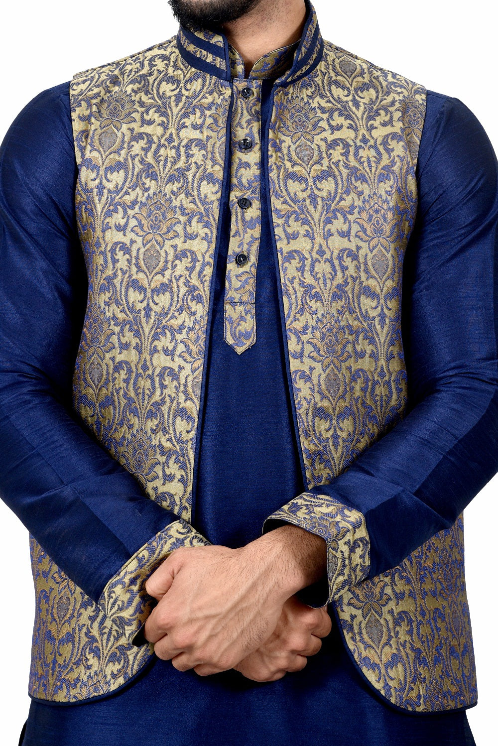 Image Title Indian Traditional Silk Navy Blue Sherwani Kurta Set with Multicolour Jacket for Men