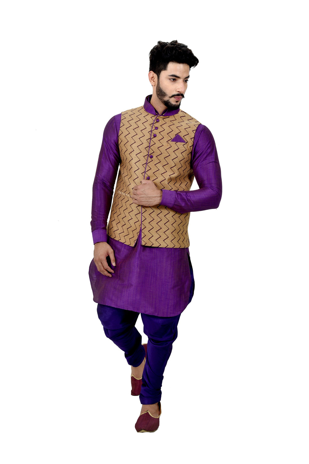 Image Title Indian Traditional Ghiccha Silk Purple Sherwani Kurta Set with Camel Jacket for Men