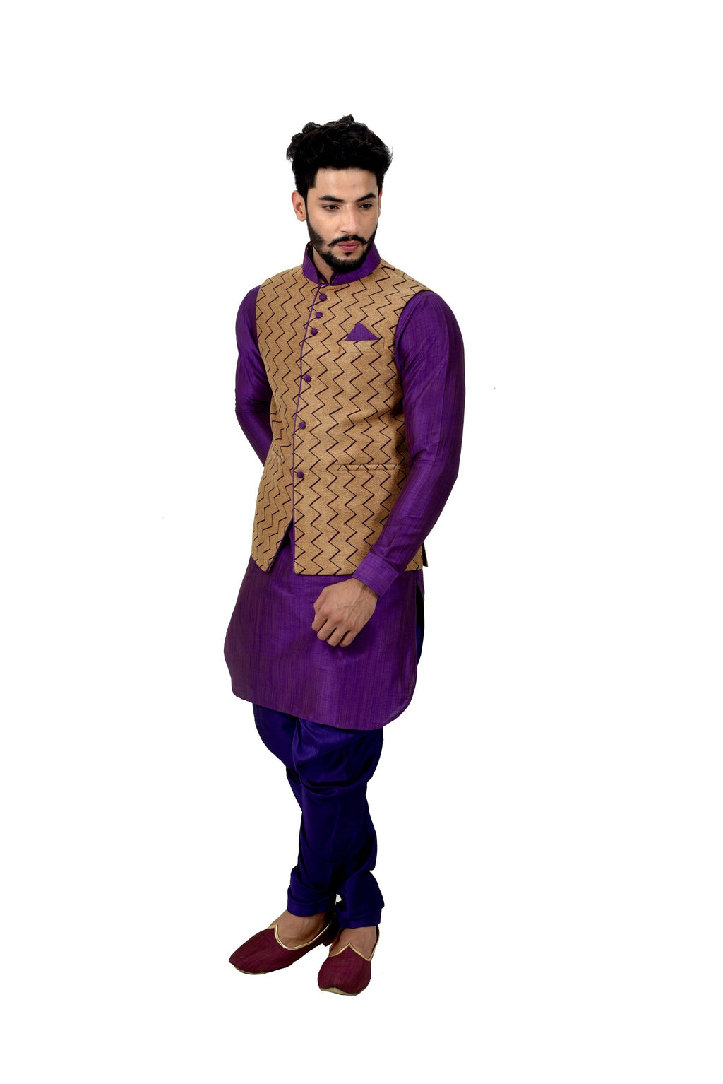 Image Title Indian Traditional Ghiccha Silk Purple Sherwani Kurta Set with Camel Jacket for Men