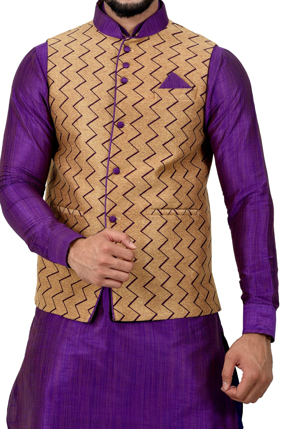 Image Title Indian Traditional Ghiccha Silk Purple Sherwani Kurta Set with Camel Jacket for Men