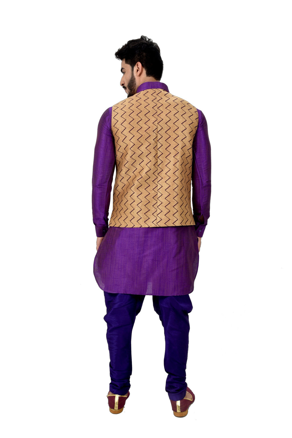 Image Title Indian Traditional Ghiccha Silk Purple Sherwani Kurta Set with Camel Jacket for Men