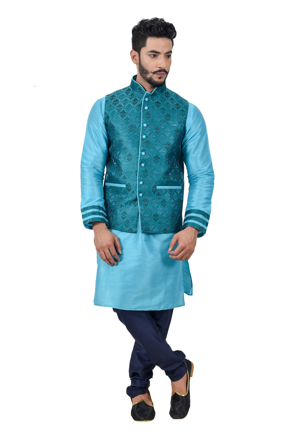 Image Title Indian Traditional Silk Lagoon Blue Sherwani Kurta Set with Celadon Green Jacket for Men