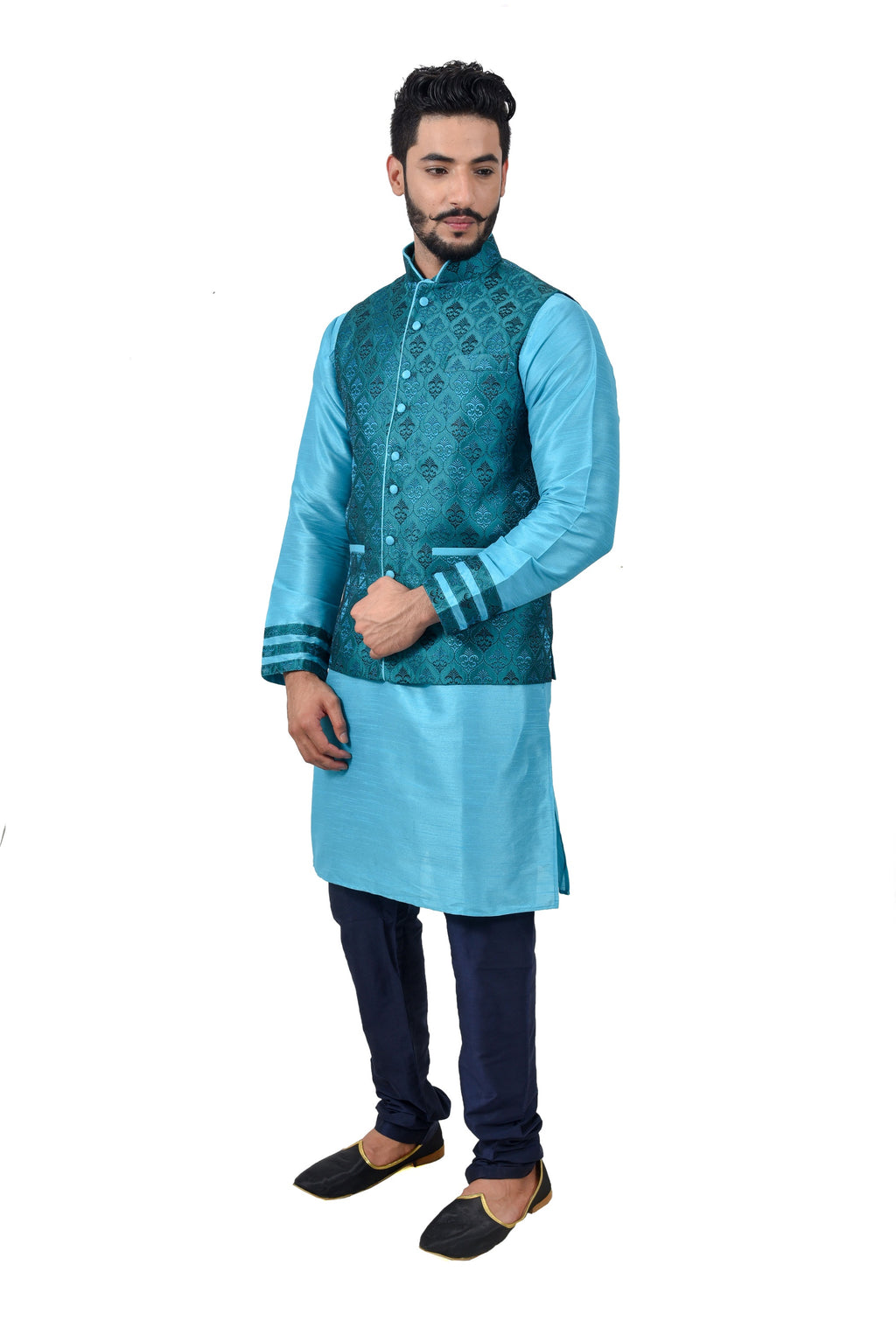Image Title Indian Traditional Silk Lagoon Blue Sherwani Kurta Set with Celadon Green Jacket for Men
