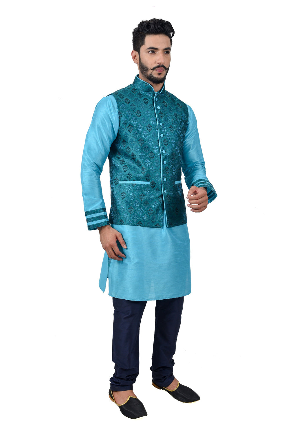 Image Title Indian Traditional Silk Lagoon Blue Sherwani Kurta Set with Celadon Green Jacket for Men