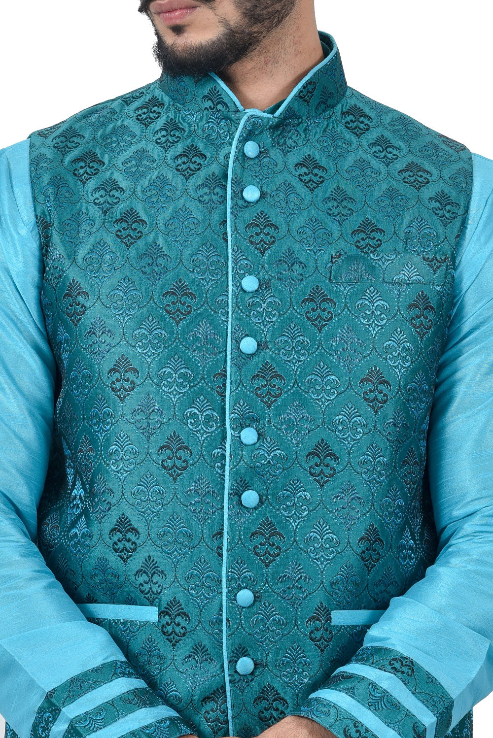 Image Title Indian Traditional Silk Lagoon Blue Sherwani Kurta Set with Celadon Green Jacket for Men