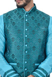 Image Title Indian Traditional Silk Lagoon Blue Sherwani Kurta Set with Celadon Green Jacket for Men