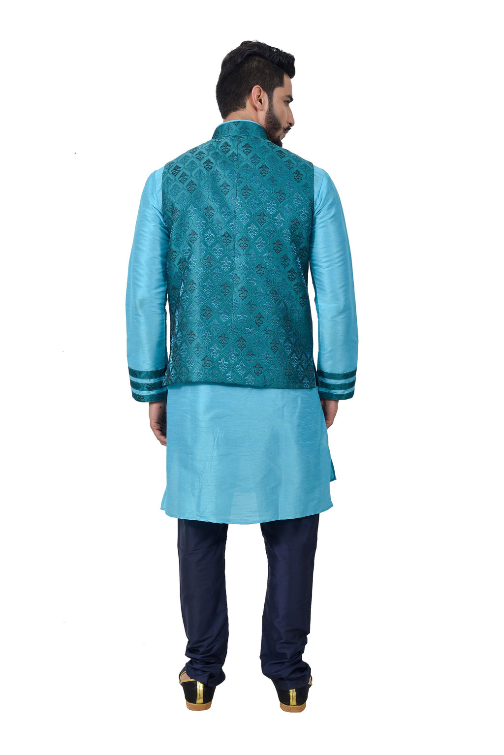 Image Title Indian Traditional Silk Lagoon Blue Sherwani Kurta Set with Celadon Green Jacket for Men