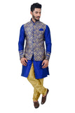 Image Title Indian Traditional Silk Mono Blue Sherwani Kurta Set with Multicolour Jacket for Men