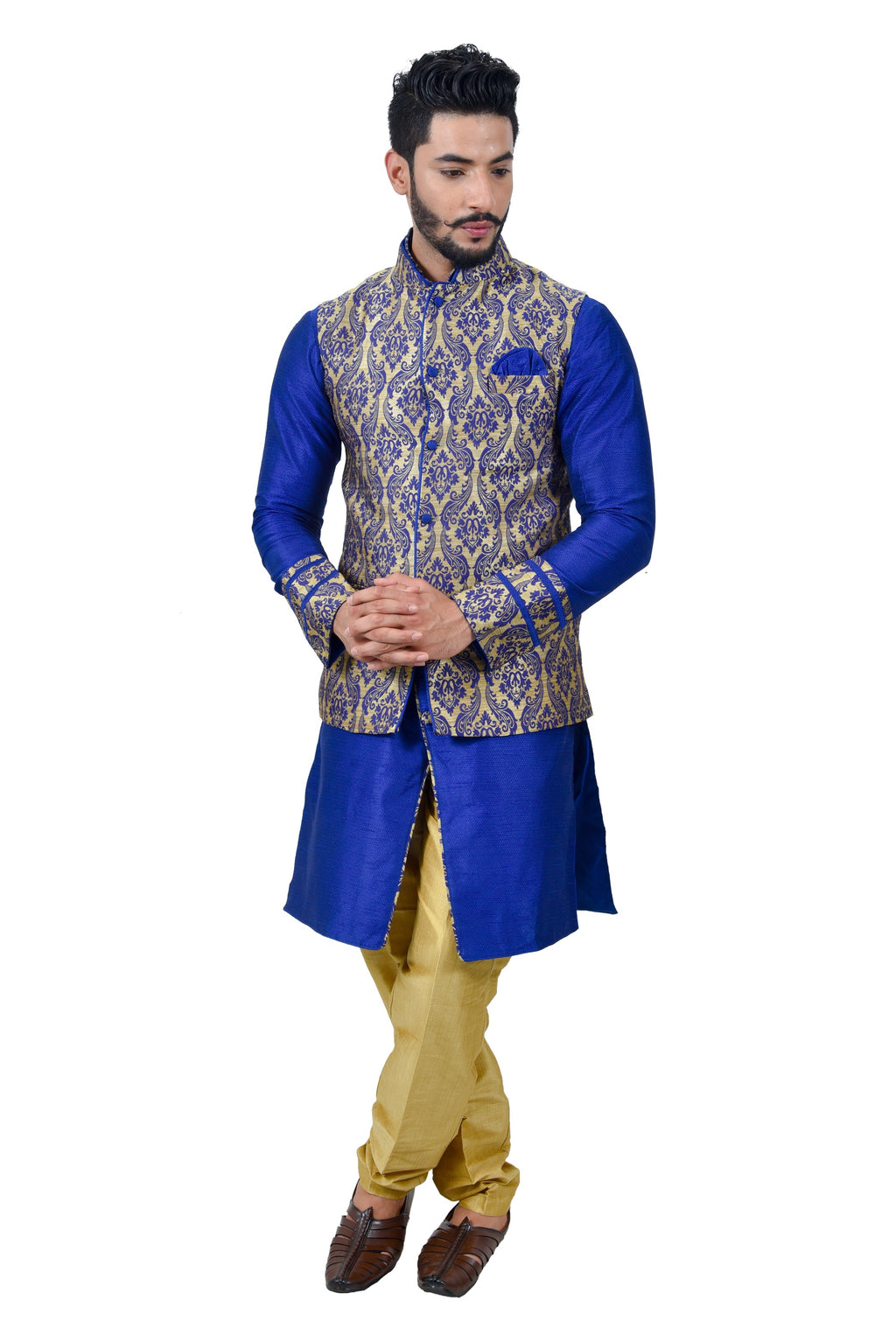 Image Title Indian Traditional Silk Mono Blue Sherwani Kurta Set with Multicolour Jacket for Men