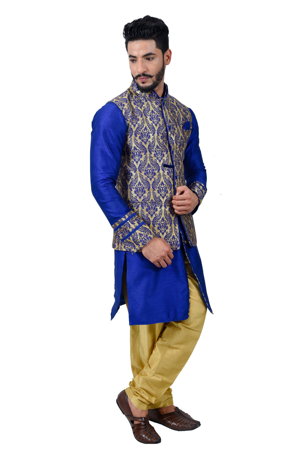 Image Title Indian Traditional Silk Mono Blue Sherwani Kurta Set with Multicolour Jacket for Men